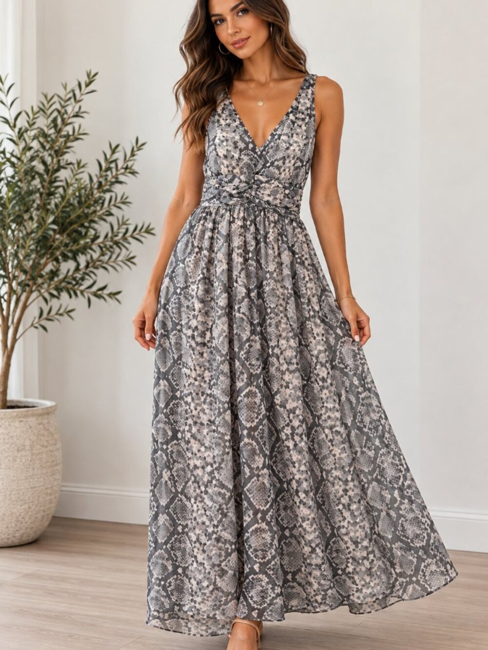 Lush Grey Marble Snakeskin Maxi Dress Sleeveless V Neck XS